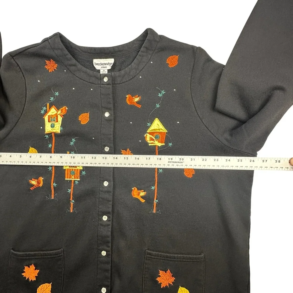 Breckenridge Women's 3X Black Embroidered Birdhouse Leaf Cardigan Sweatshirt - Picture 10 of 15